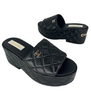 Chanel 2023 Lambskin Quilted CC Mules Wedge Sandals